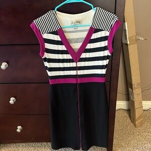 Black, white and purple front zip dress.
